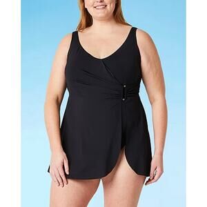 NWT Liz Claiborne Swim Dress Black Full Coverage Modest Swimsuit Skirt V Neck 8